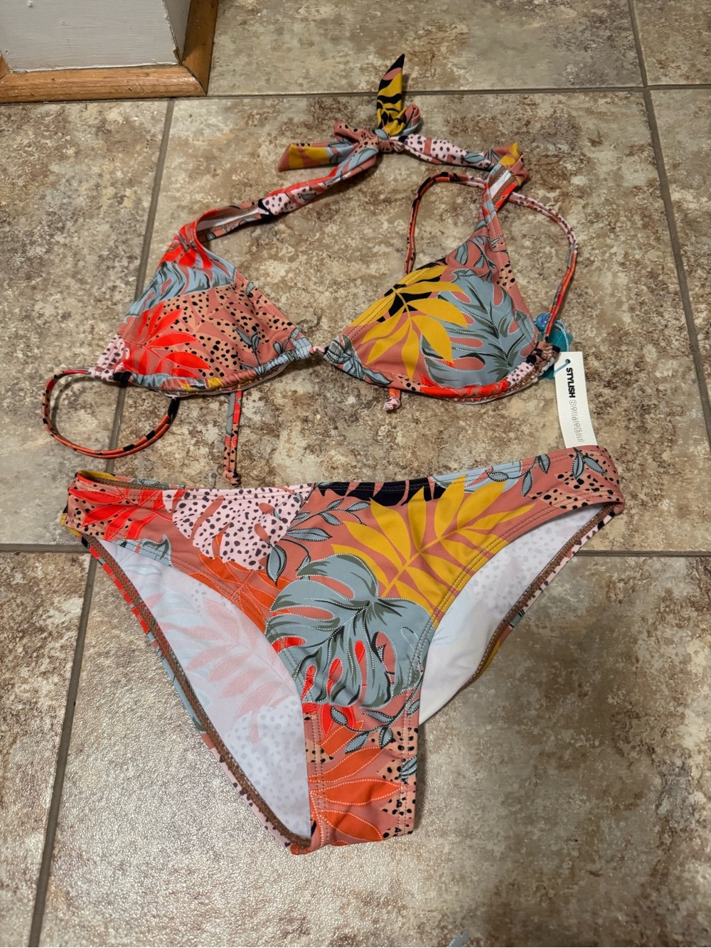 Tropical Leaf Tie-Back Bikini Set - Multicolor